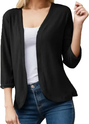 2023 Women's Casual Lightweight Coat Short Open Front Cardigans Soft Draped Ruffles 3/4 Sleeve Cardigan Fall Soft Kimono