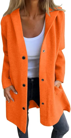 2024 Women Fall Winter Wool Coats Mid Peacoat Fashion Casual Oversized Buttons Hooded Jacket Trendy Outfit Plus Size