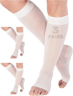 (3 Pairs) Made in USA - Open Toe Sheer Medical Compression Socks for Women 15-20mmHg