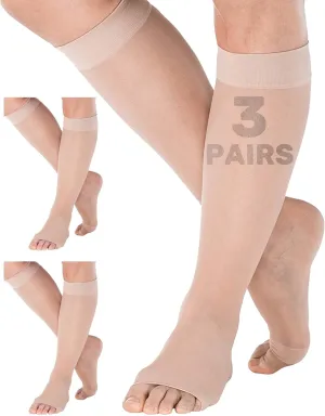 (3 Pairs) Made in USA - Open Toe Sheer Medical Compression Socks for Women 15-20mmHg