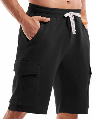 AMY COULEE Mens Cargo Shorts Cotton Casual Lounge Shorts Elastic Waist Workout Shorts with Multi-Pockets