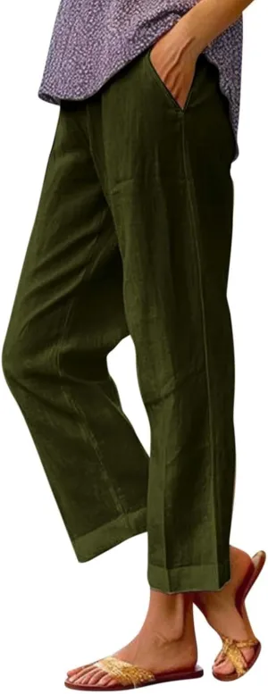 Ankle Linen Pants Women 2024 Summer Beach Lightweight Casual Straight Leg Cropped Pants Elastic Solid Lounge Trousers