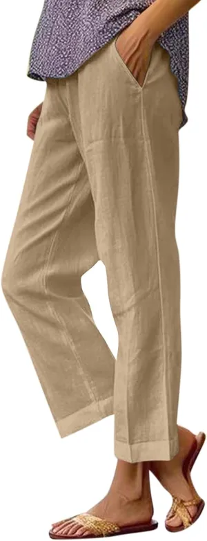 Ankle Linen Pants Women 2024 Summer Beach Lightweight Casual Straight Leg Cropped Pants Elastic Solid Lounge Trousers