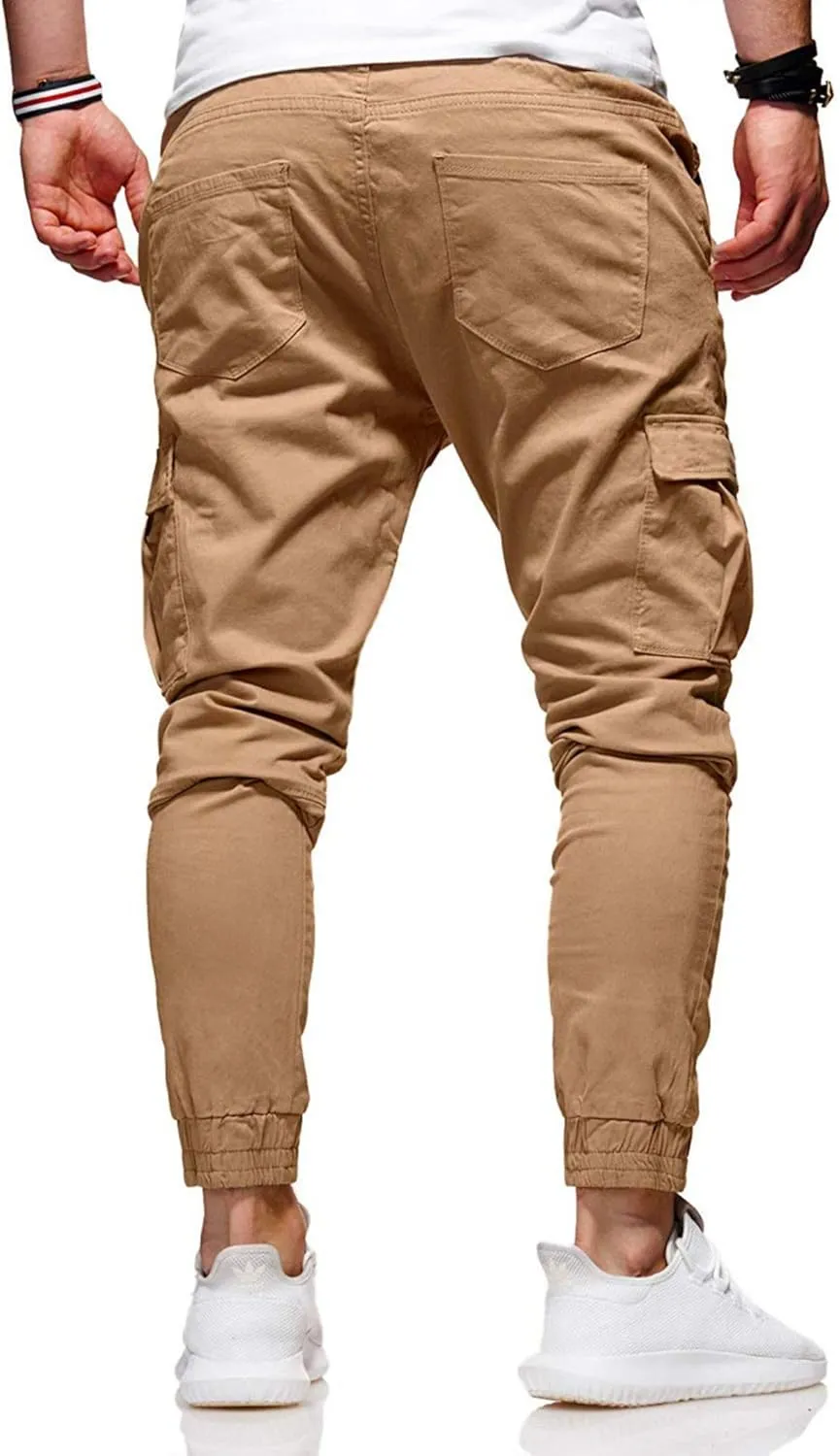 Athletic Joggers Pants for Men Elastic Drawstring Pencil Pants Outdoor Slim Fit Running Trousers with Patch Pockets