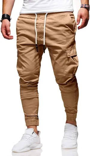 Athletic Joggers Pants for Men Elastic Drawstring Pencil Pants Outdoor Slim Fit Running Trousers with Patch Pockets