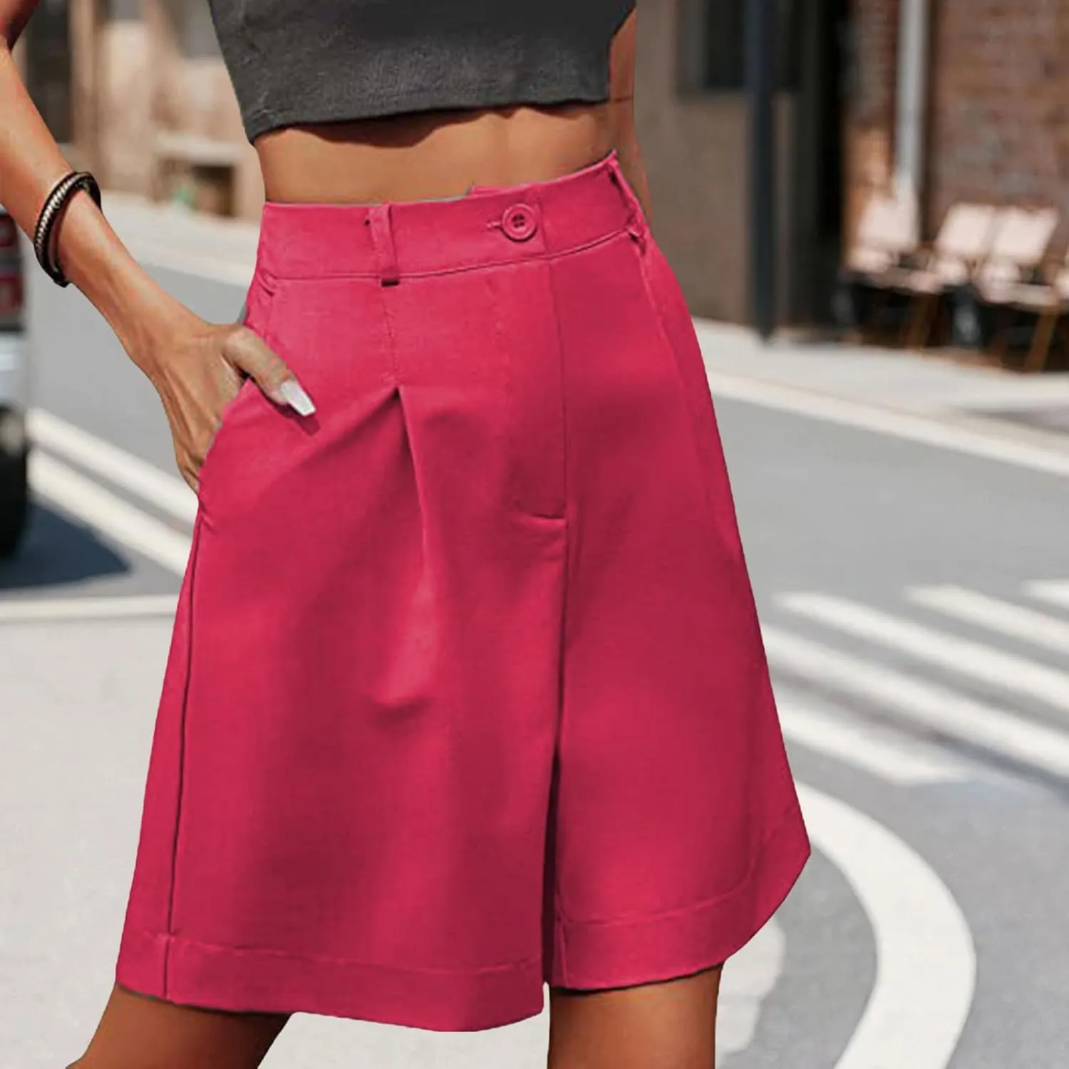Bermuda Shorts for Women Knee Length Casual High Waisted Wide Leg Shorts Lightweight Cropped Pants with Pockets