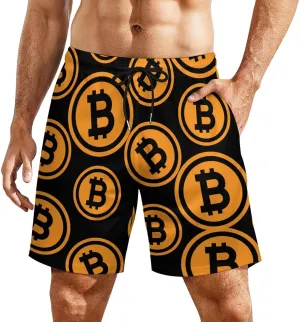 Bitcoin Logo Men's Beach Shorts with Compression Liner Swim Trunks Quick Dry Board Shorts