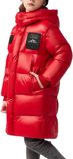 Boys Girls Long Hooded Down Winter Coat Kids Windproof Puffer Down Jacket Thick Warm Coat Parka (Red, 11-12 Years)