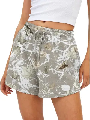 Camo Shorts Women Athletic Maple Leaf High Waist Sweat Shorts Casual Loose Drawstring Gym Shorts 2025 Summer Clothes