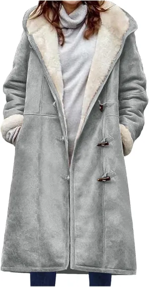 Canbebig Womens Long Sherpa Lined Suede Leather Hooded Coat Horn Button Jacket Winter Warm Longline Parka Outwear with Pocket