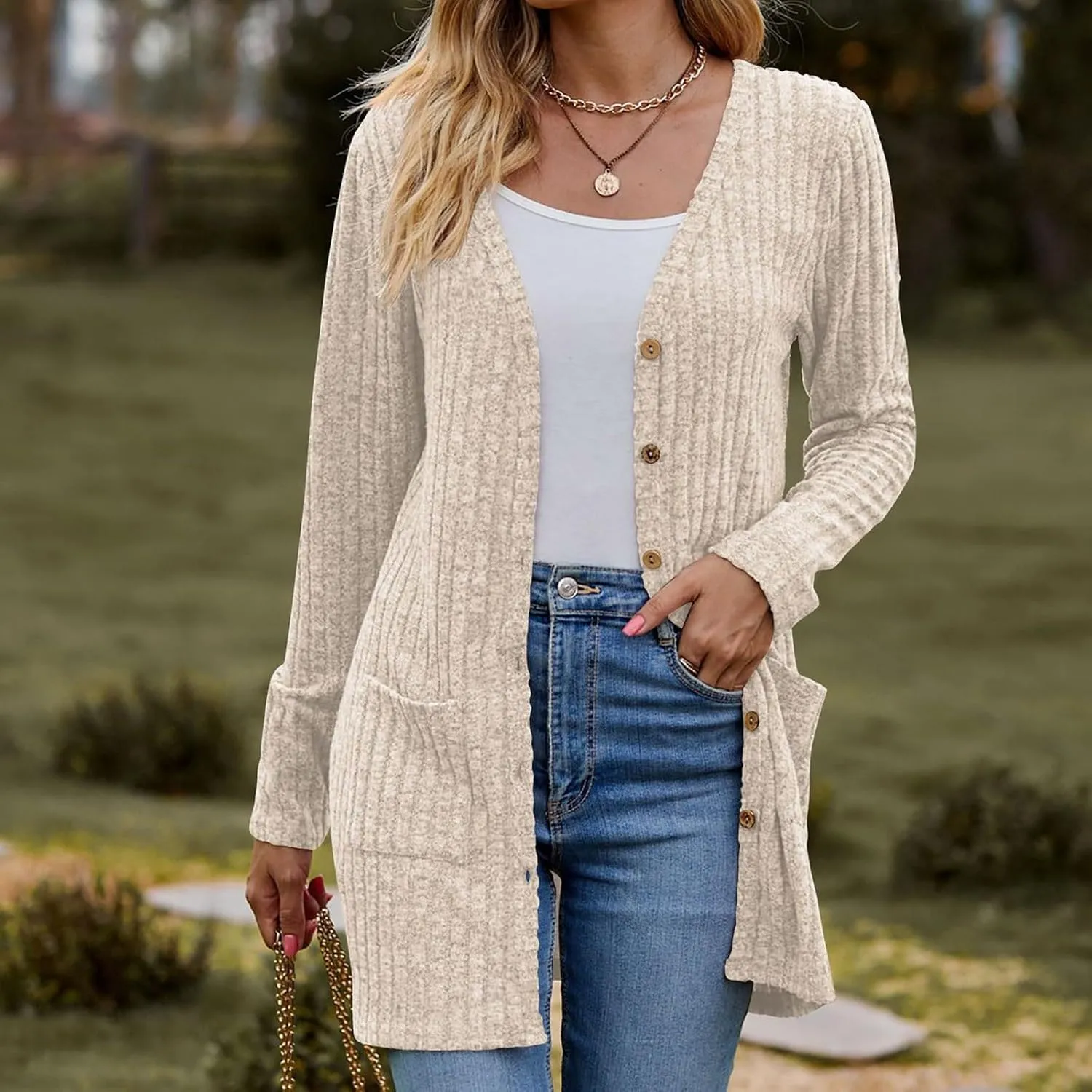 Cardigan Sweaters for Women Fall Casual Open Front Button Down Long Sleeve Cardigan Soft Lightweight Jacket
