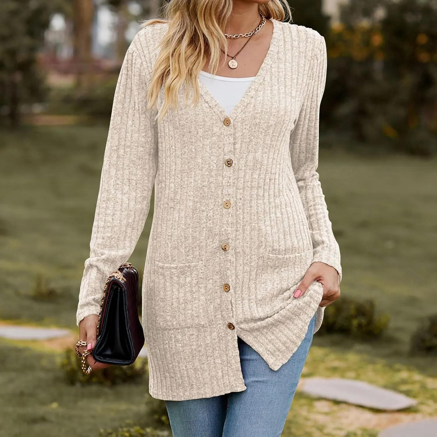 Cardigan Sweaters for Women Fall Casual Open Front Button Down Long Sleeve Cardigan Soft Lightweight Jacket