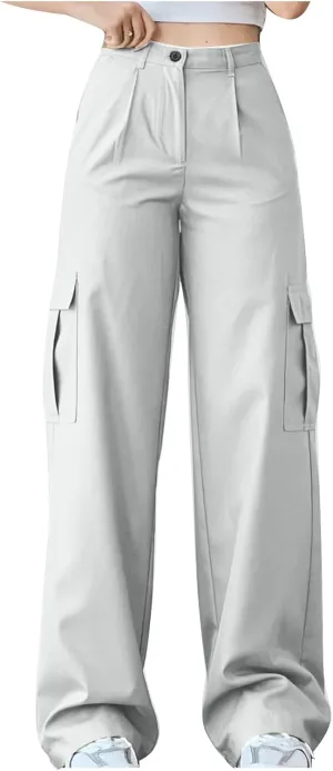Cargo Pants Women Mid Waist Comfy Wide Leg Trousers Women Straight Leg Hiking Pants with Pockets Travel Outdoor