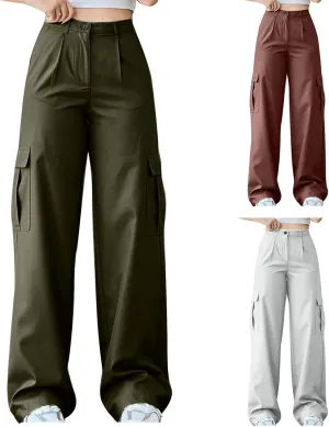 Cargo Pants Women Mid Waist Comfy Wide Leg Trousers Women Straight Leg Hiking Pants with Pockets Travel Outdoor