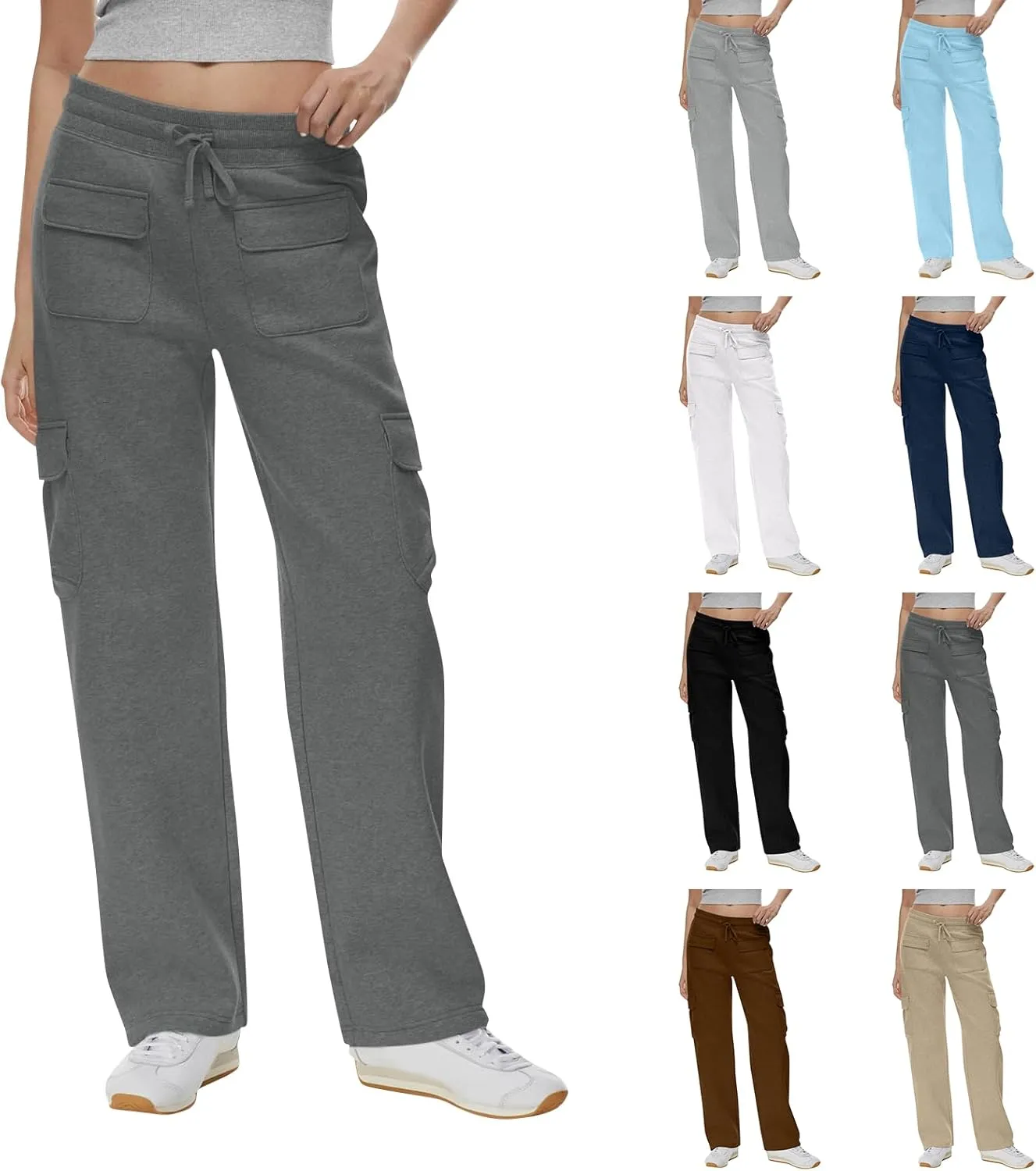 Cargo Sweatpants for Women Fleece Baggy Wide Leg Sweatpants Low Rise Lounge Pants with Pockets Cargo Joggers