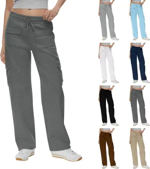 Cargo Sweatpants for Women Fleece Baggy Wide Leg Sweatpants Low Rise Lounge Pants with Pockets Cargo Joggers