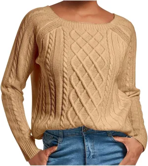 Casual Cable Knit Sweater for Women Crewneck Long Sleeve Pullover Knitwear Textured Lightweight Loose Jumper Tops