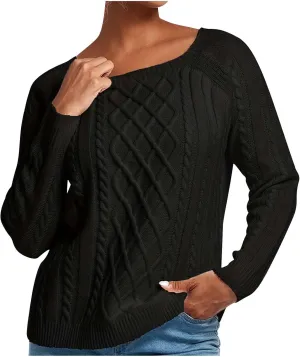 Casual Cable Knit Sweater for Women Crewneck Long Sleeve Pullover Knitwear Textured Lightweight Loose Jumper Tops