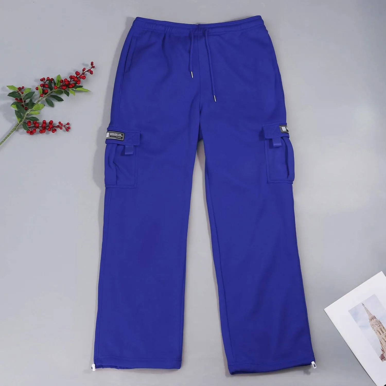 Casual Cargo Sweatpants for Men Plus Size Drawstring Waist Open Bottom Sweatpants Baggy Lounge Pants with Pockets