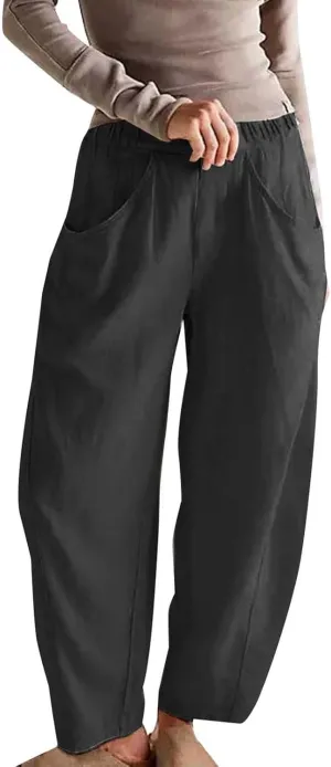 Casual Linen Barrel Pants for Women Summer Baggy Lantern Tapered Pants Loose Ankle Trousers Lounge Slacks with Pocket