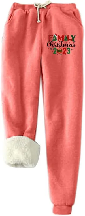 Christmas Sweatpants for Women 2023 Funny Letter Print Fleece Lined Drawstring Holiday Lounge Trousers Workout Jogger Pants