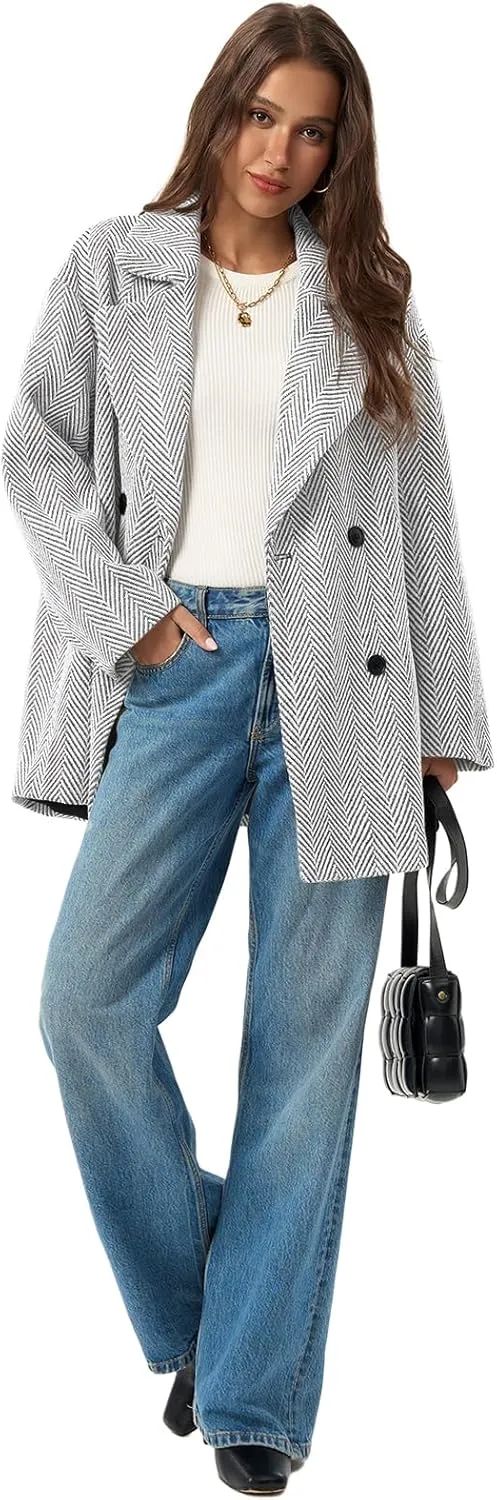 Cicy Bell Womens Oversized Herringbone Pea Coats Double Breasted Mid Length Wool Blend Trench Coat Blazer Jackets