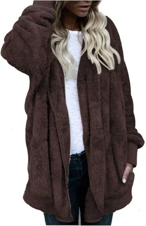 COTECRAM 2024 Womens Winter Long Sleeve Solid Fuzzy Fleece Open Front Hooded Cardigans Jacket Warm Coats Outwear Plush Tops