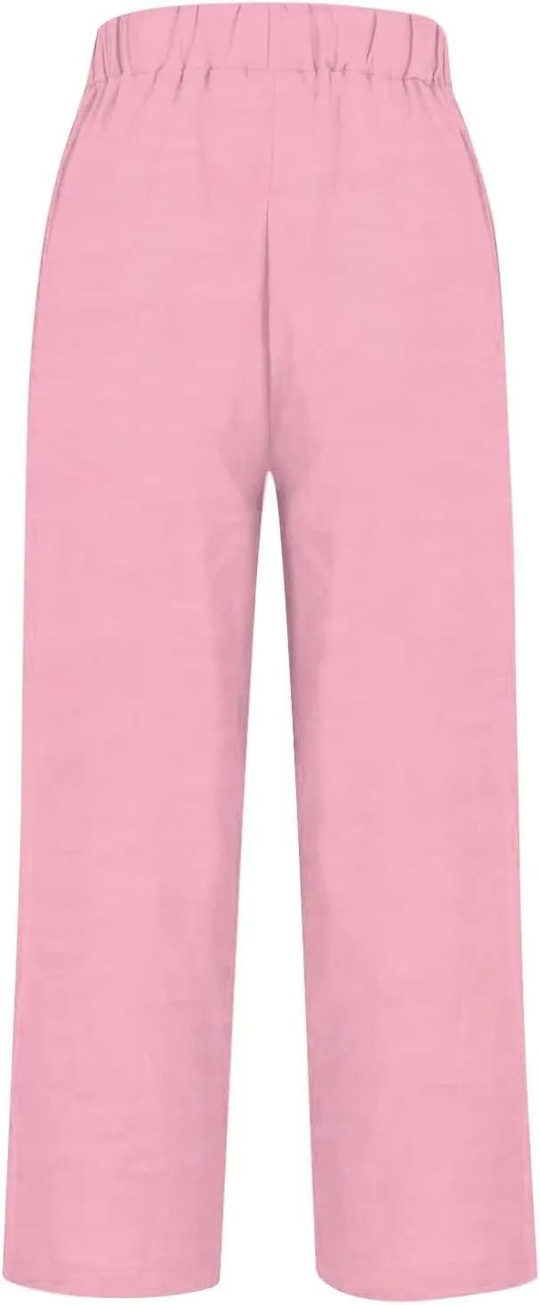 Cotton Linen Pants for Women Plus Size Elastic Waist Pants Drawstring Straight Leg Beach Casual Trousers with Pockets
