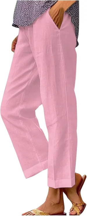 Cotton Linen Pants for Women Plus Size Elastic Waist Pants Drawstring Straight Leg Beach Casual Trousers with Pockets