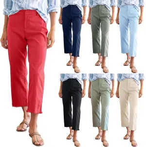 Cropped Linen Pants Women Straight Leg Pull On Work Pants Business Casual High Waisted Dress Pants Office Ankle Pants
