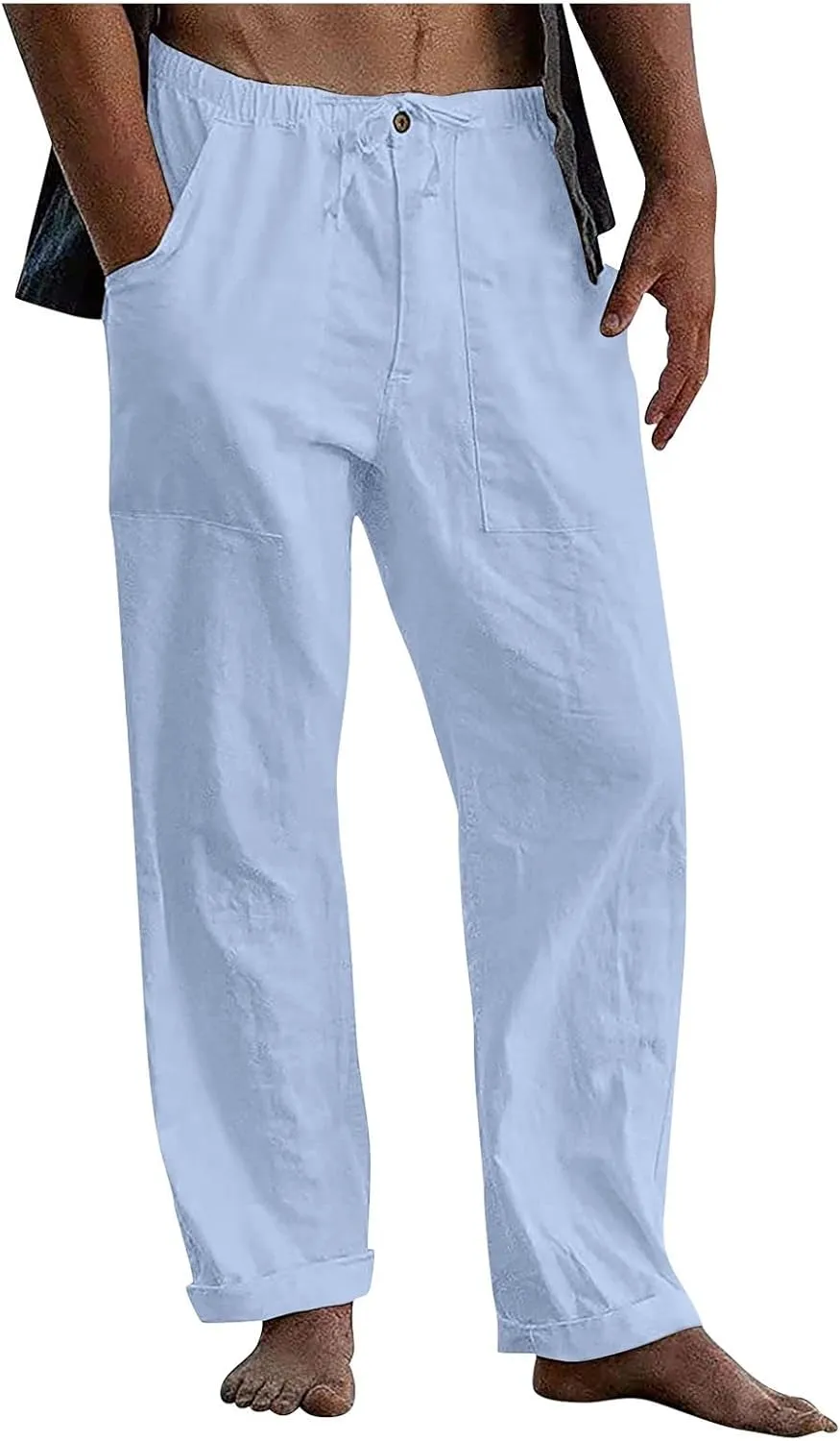 evzosrz Mens Linen Pants Casual Yoga Beach Loose Fit Elastic Waist Drawstring Summer Baggy Trousers with Pockets