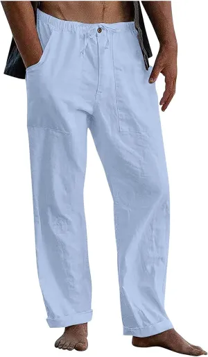evzosrz Mens Linen Pants Casual Yoga Beach Loose Fit Elastic Waist Drawstring Summer Baggy Trousers with Pockets