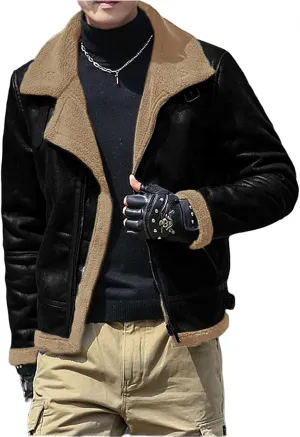 Faux Leather Jacket for Men Fleece Sherpa Lined Winter Coats Heavyweight Bomber Jackets Zip Up Thermal Motorbike Coat