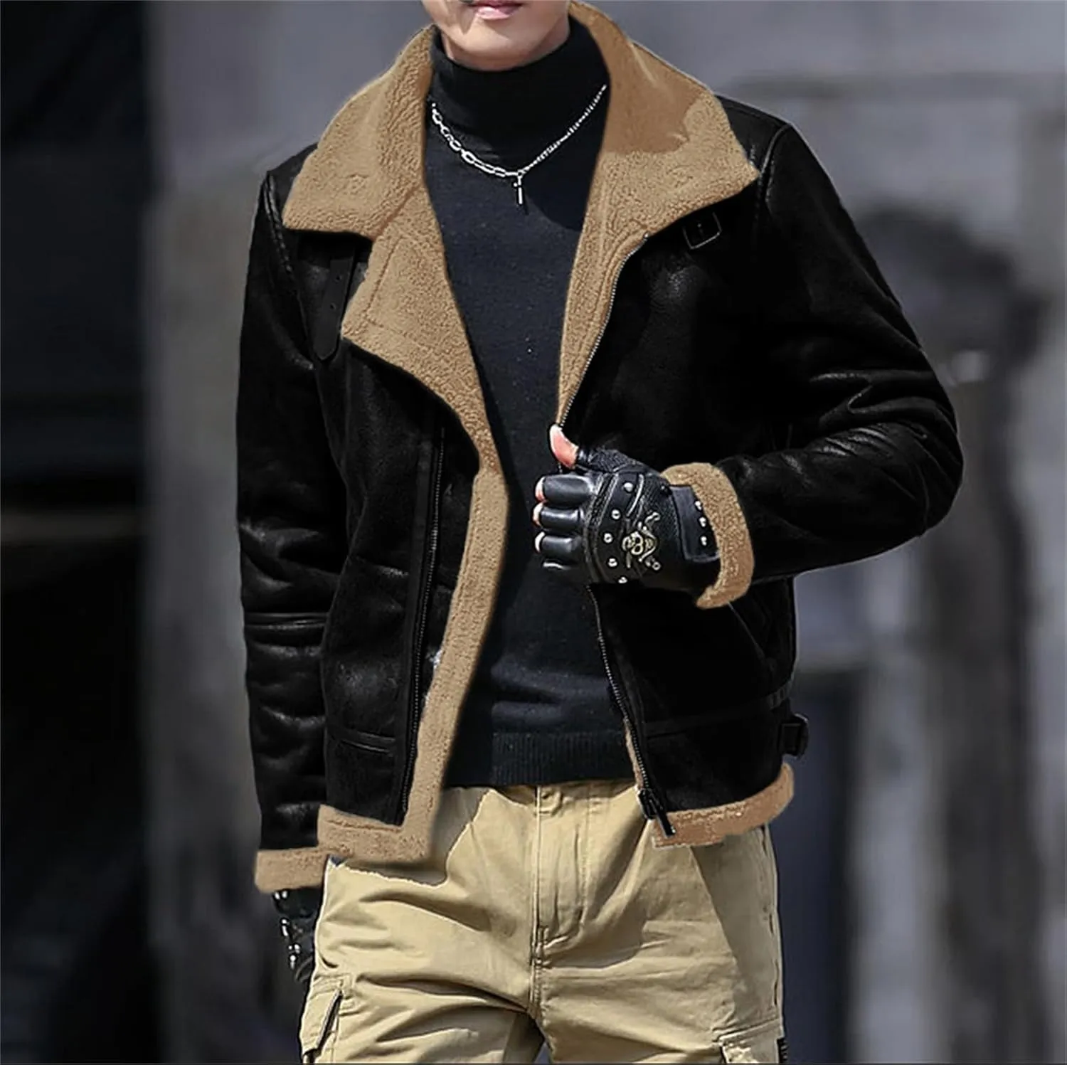 Faux Leather Jacket for Men Fleece Sherpa Lined Winter Coats Heavyweight Bomber Jackets Zip Up Thermal Motorbike Coat