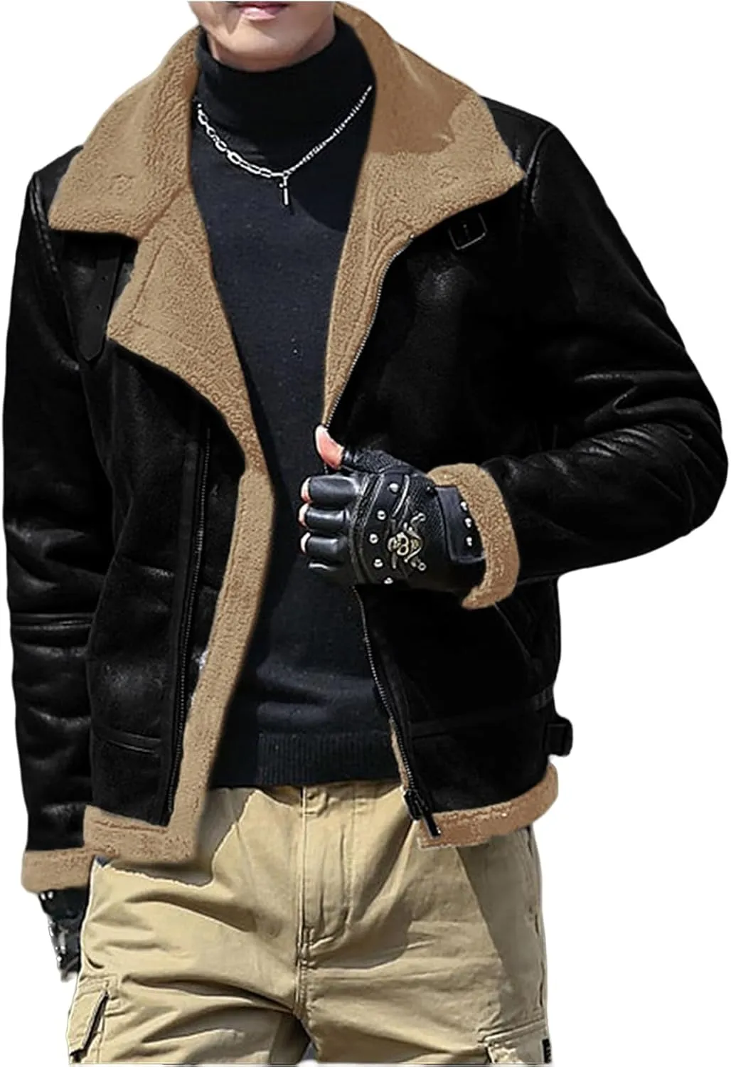 Faux Leather Jacket for Men Fleece Sherpa Lined Winter Coats Heavyweight Bomber Jackets Zip Up Thermal Motorbike Coat