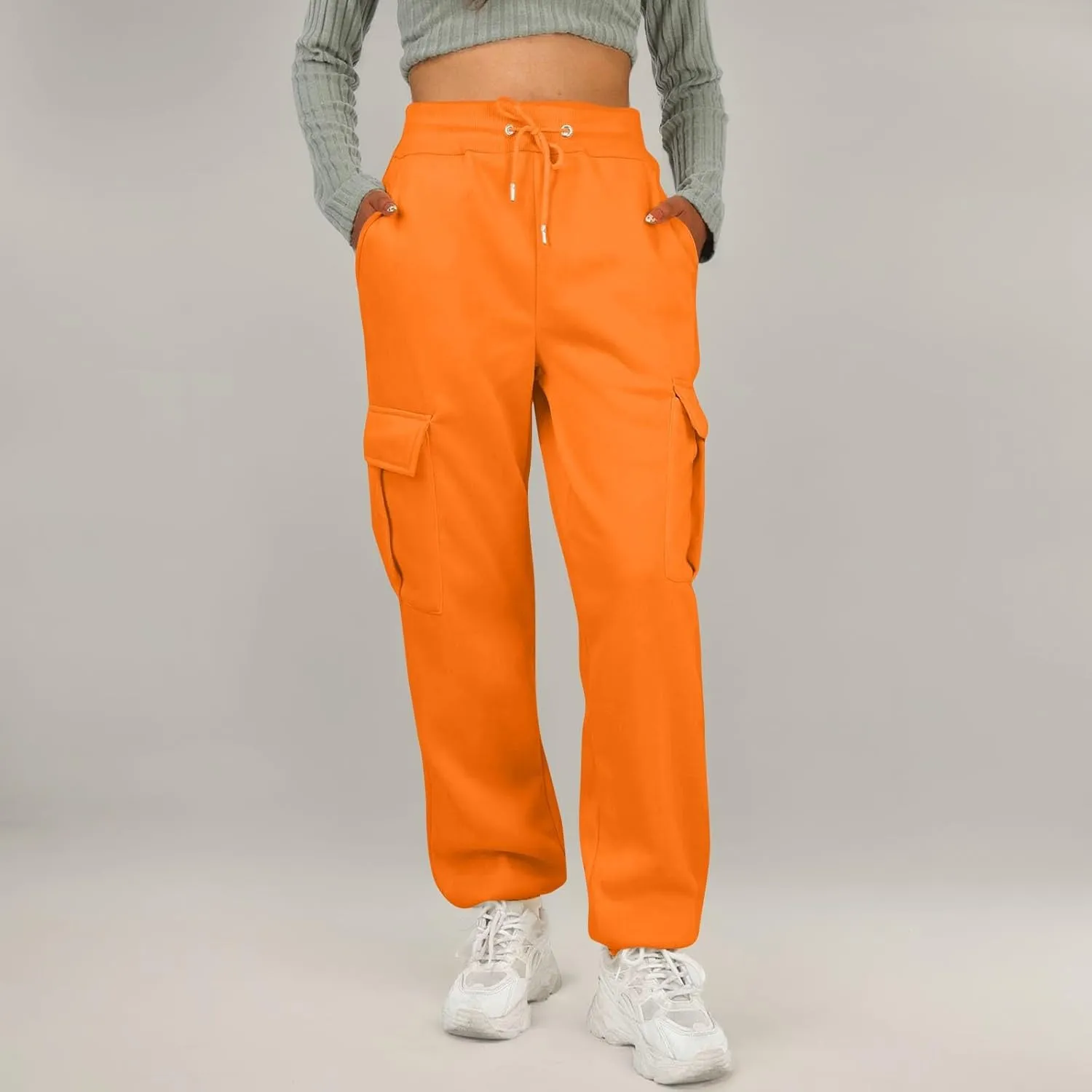 Fleece Cargo Sweatpants for Women Baggy Elastic High Waisted Joggers Casual Lounge Jogger Pull on Ankle Athletic Pants