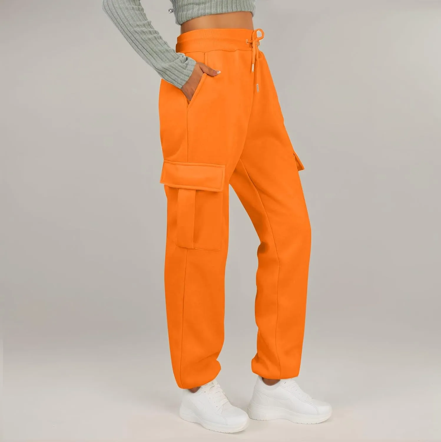 Fleece Cargo Sweatpants for Women Baggy Elastic High Waisted Joggers Casual Lounge Jogger Pull on Ankle Athletic Pants