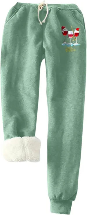 Fleece Lined Sweatpants for Women Wine Glasses Print Sherpa Lined Warm Winter Joggers Soft Trendy Lounge Pants 2023