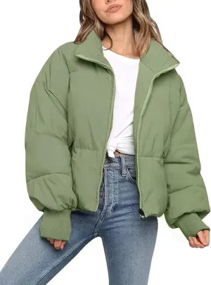 Flygo Women Cropped Puffer Jacket Winter Jackets Lightweight Zip Up Stand Collar Quilted Coats