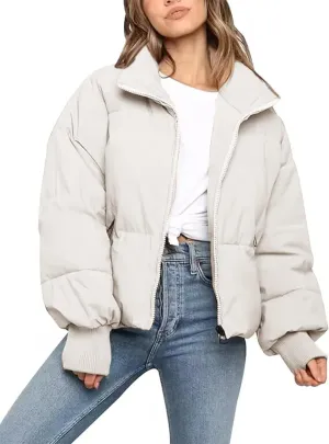 Flygo Women Cropped Puffer Jacket Winter Jackets Lightweight Zip Up Stand Collar Quilted Coats