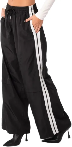 FOMOYUU Women Side Stripes Track Pants Elastic Waist Straight Leg Sweatpants Joggers Wide Leg Trousers with Pockets
