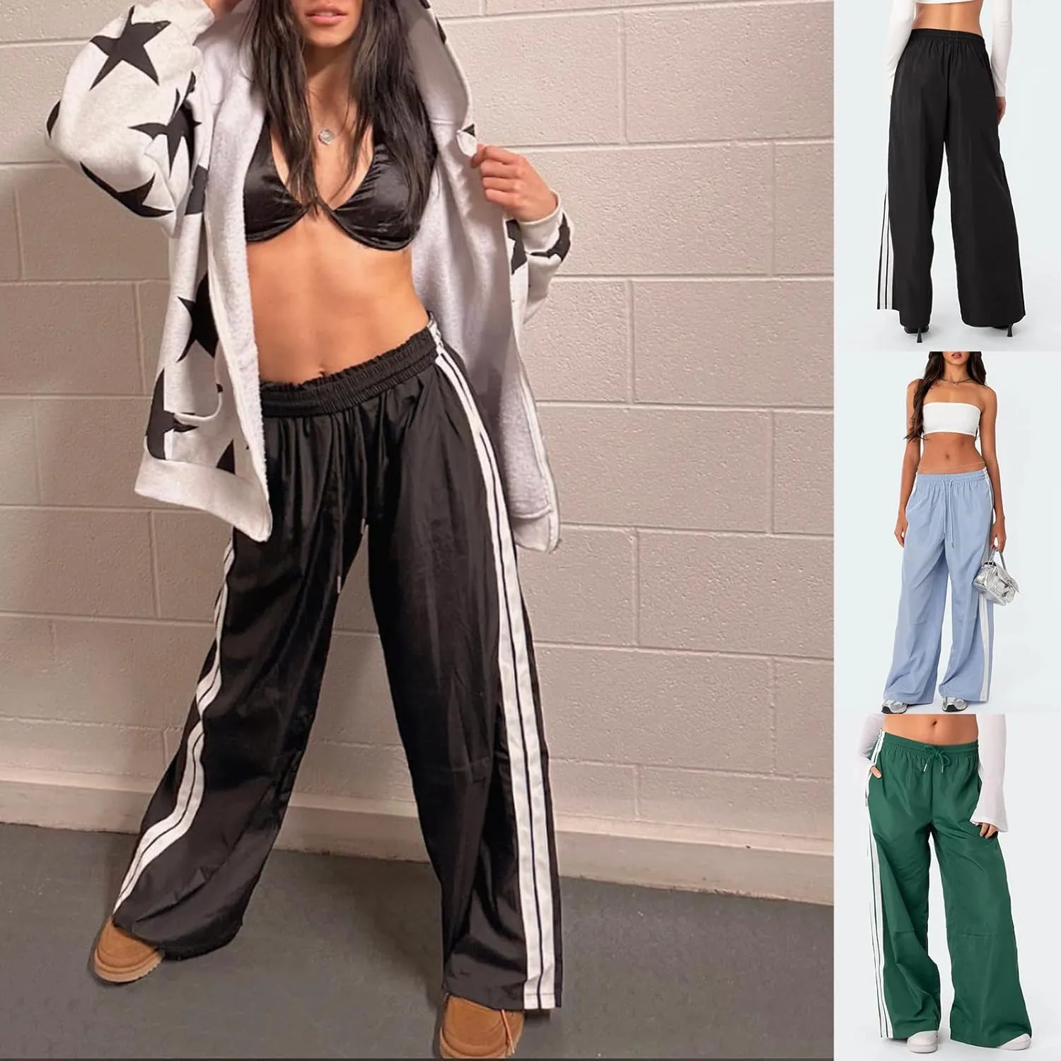 FOMOYUU Women Side Stripes Track Pants Elastic Waist Straight Leg Sweatpants Joggers Wide Leg Trousers with Pockets
