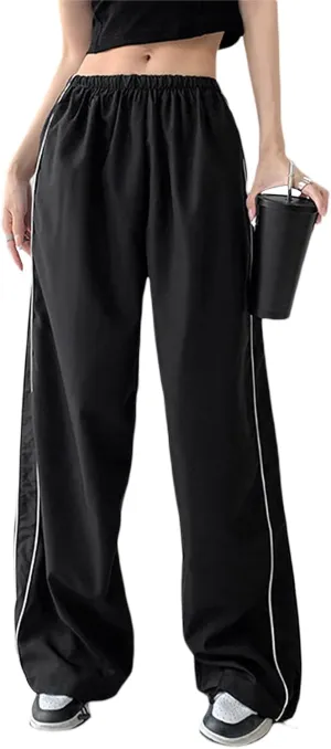 FOMOYUU Women Side Stripes Track Pants Elastic Waist Straight Leg Sweatpants Joggers Wide Leg Trousers with Pockets