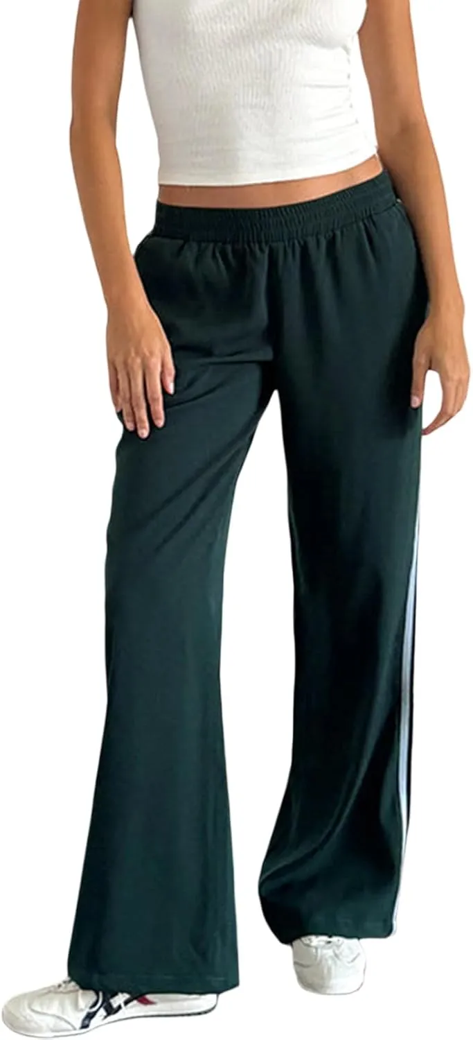 FOMOYUU Women Side Stripes Track Pants Elastic Waist Straight Leg Sweatpants Joggers Wide Leg Trousers with Pockets