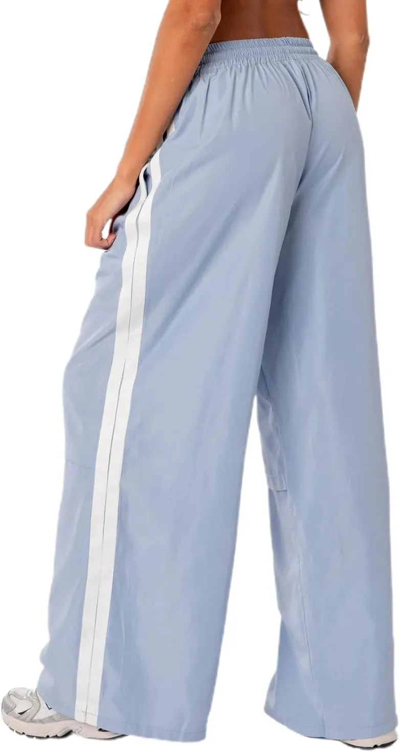FOMOYUU Women Side Stripes Track Pants Elastic Waist Straight Leg Sweatpants Joggers Wide Leg Trousers with Pockets