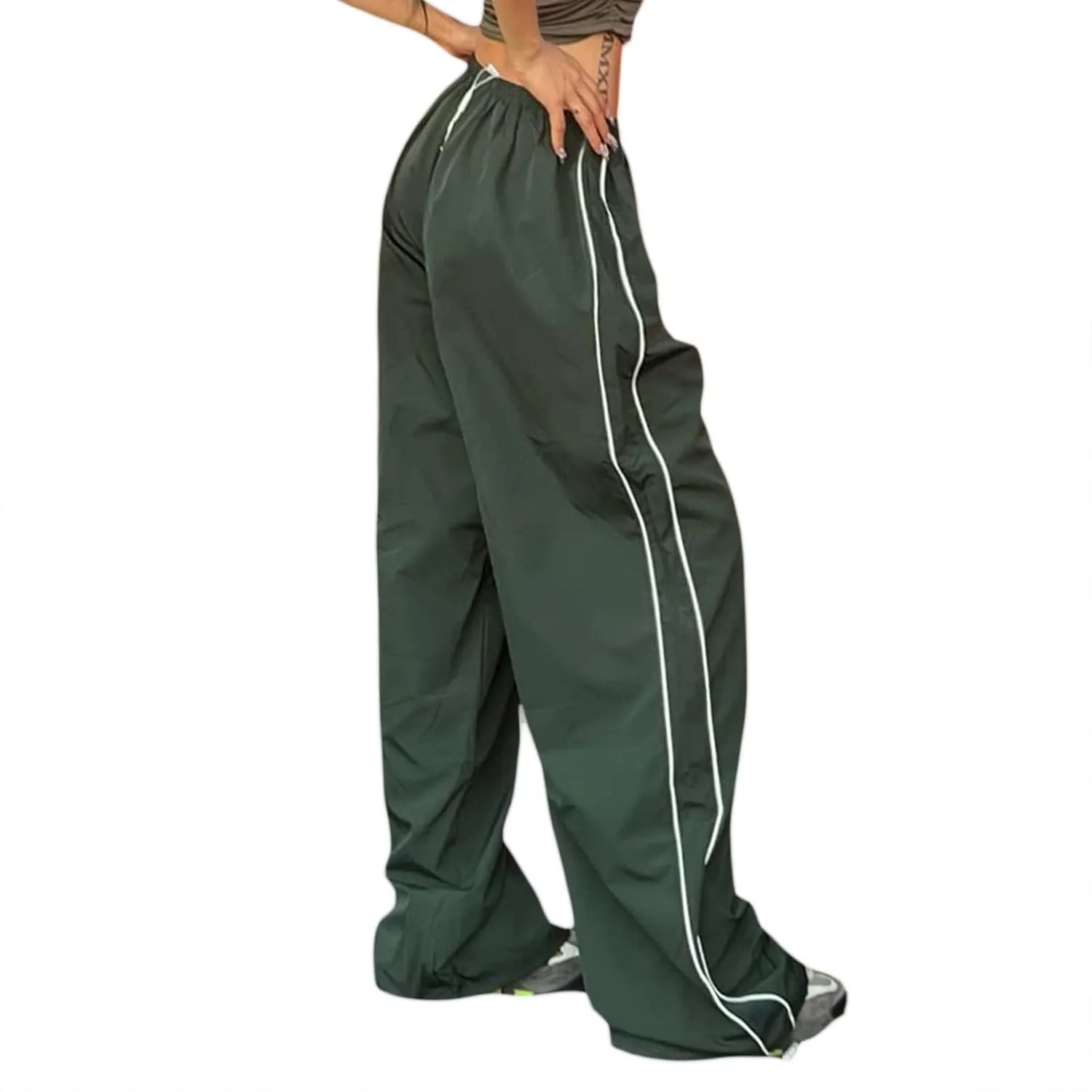 FOMOYUU Women Side Stripes Track Pants Elastic Waist Straight Leg Sweatpants Joggers Wide Leg Trousers with Pockets