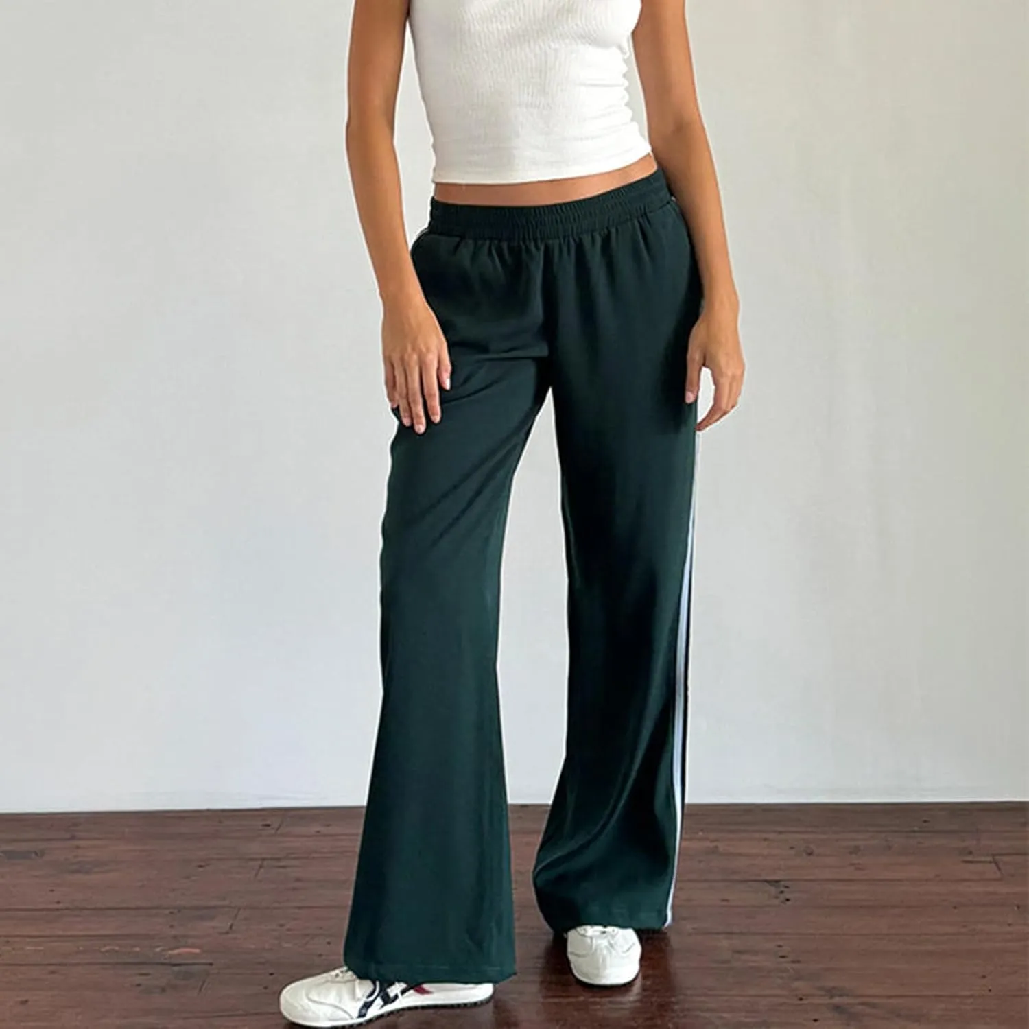 FOMOYUU Women Side Stripes Track Pants Elastic Waist Straight Leg Sweatpants Joggers Wide Leg Trousers with Pockets