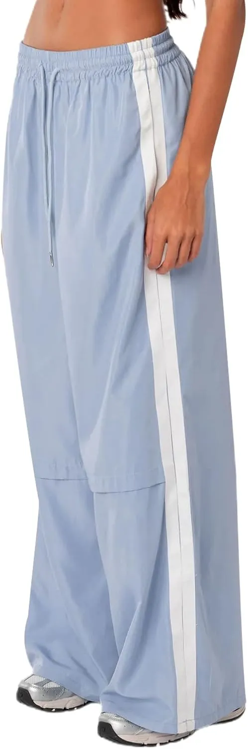 FOMOYUU Women Side Stripes Track Pants Elastic Waist Straight Leg Sweatpants Joggers Wide Leg Trousers with Pockets