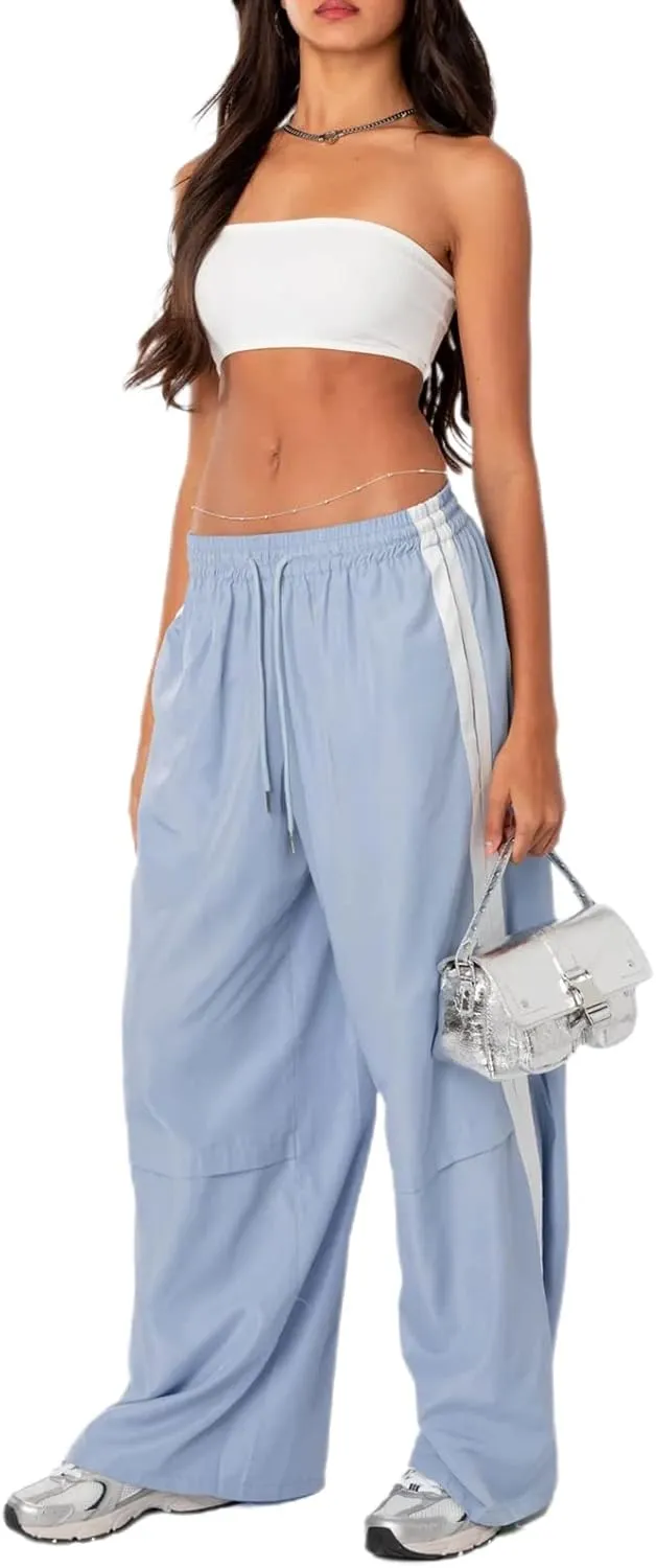 FOMOYUU Women Side Stripes Track Pants Elastic Waist Straight Leg Sweatpants Joggers Wide Leg Trousers with Pockets