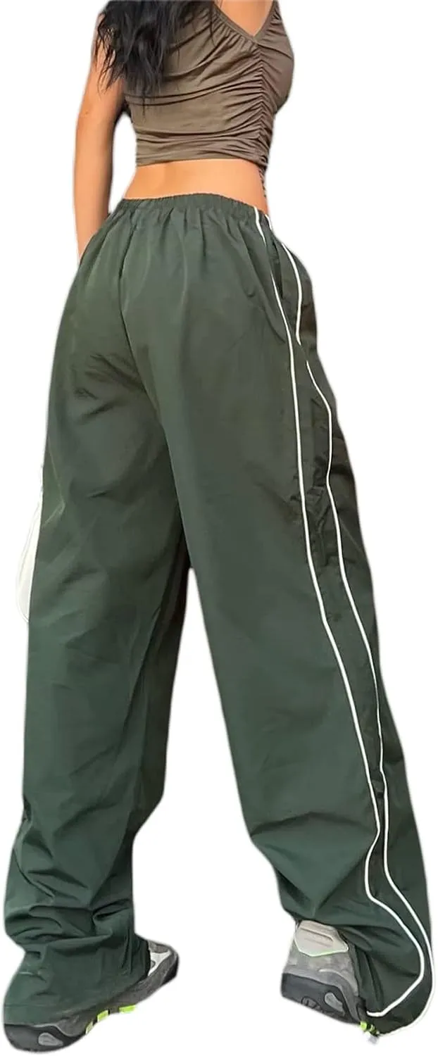 FOMOYUU Women Side Stripes Track Pants Elastic Waist Straight Leg Sweatpants Joggers Wide Leg Trousers with Pockets